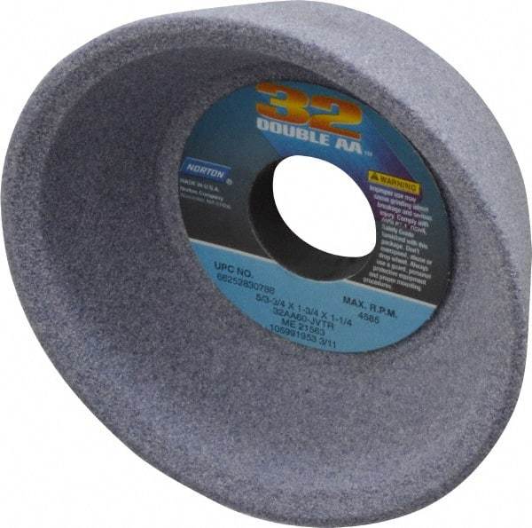 Norton - 5" Diam, 1-1/4" Hole Size, 1-3/4" Overall Thickness, 60 Grit, Type 11 Tool & Cutter Grinding Wheel - Medium Grade, Aluminum Oxide, K Hardness, Vitrified Bond, 4,585 RPM - A1 Tooling