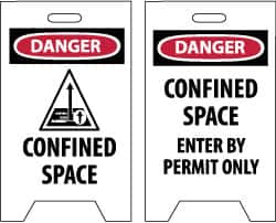 NMC - Danger - Confined Space, Danger - Confined Space - Enter by Permit Only, 12" Wide x 19" High, Plastic Floor Sign - A-Frame, Red & Black on White, For Accident Prevention - A1 Tooling