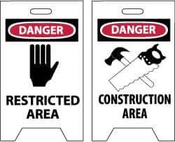 NMC - Danger - Restricted Area, Danger - Construction Area, 12" Wide x 19" High, Plastic Floor Sign - A-Frame, Red & Black on White, For Security & Admittance - A1 Tooling