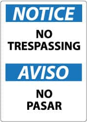 NMC - "Notice - No Trespassing", 14" Long x 10" Wide, Aluminum Safety Sign - Rectangle, 0.04" Thick, Use for Security & Admittance - A1 Tooling