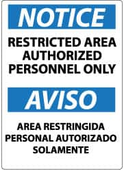 NMC - "Notice - Restricted Area - Authorized Personnel Only", 14" Long x 10" Wide, Pressure-Sensitive Vinyl Safety Sign - Rectangle, 0.004" Thick, Use for Security & Admittance - A1 Tooling