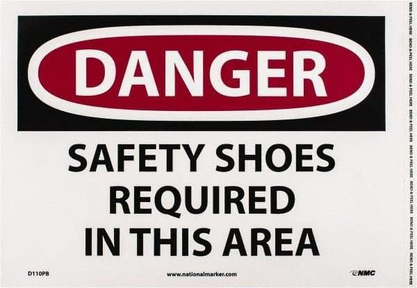 NMC - "Danger - Safety Shoes Required in This Area", 10" Long x 14" Wide, Pressure-Sensitive Vinyl Safety Sign - Rectangle, 0.004" Thick, Use for Accident Prevention - A1 Tooling