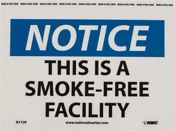 NMC - "Notice - This Is a Smoke-Free Facility", 7" Long x 10" Wide, Pressure-Sensitive Vinyl Safety Sign - Rectangle, 0.004" Thick, Use for Accident Prevention - A1 Tooling