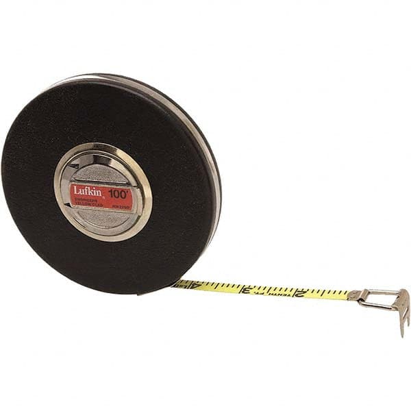 Lufkin - 100' x 3/8" Yellow Steel Blade Tape Measure - 1/10" Graduation, Black Steel Case - A1 Tooling