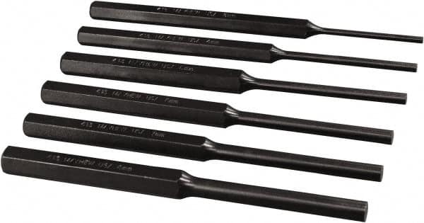 Mayhew - 6 Piece, 3 to 8mm, Roll Pin Punch Set - Hex Shank, Alloy Steel, Comes in Pouch - A1 Tooling