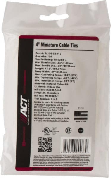 Made in USA - 4-1/8" Long Natural (Color) Nylon Standard Cable Tie - 18 Lb Tensile Strength, 1.07mm Thick, 22.23mm Max Bundle Diam - A1 Tooling