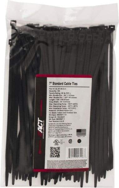 Made in USA - 7.562" Long Black Nylon Standard Cable Tie - 50 Lb Tensile Strength, 1.32mm Thick, 47.63mm Max Bundle Diam - A1 Tooling