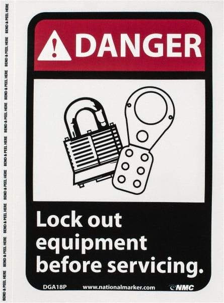 NMC - "Danger - Lock Out Equipment Before Servicing", 10" Long x 7" Wide, Pressure-Sensitive Vinyl Safety Sign - Rectangle, 0.004" Thick, Use for Accident Prevention - A1 Tooling