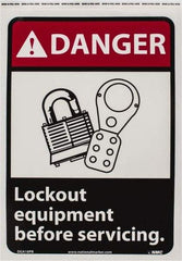 NMC - "Danger - Lock Out Equipment Before Servicing", 14" Long x 10" Wide, Pressure-Sensitive Vinyl Safety Sign - Rectangle, 0.004" Thick, Use for Accident Prevention - A1 Tooling