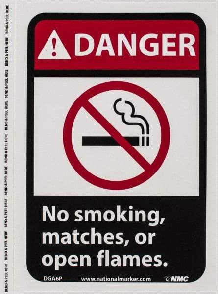 NMC - "Danger - No Smoking, Matches or Open Flames", 10" Long x 7" Wide, Pressure-Sensitive Vinyl Safety Sign - Rectangle, 0.004" Thick, Use for Accident Prevention - A1 Tooling