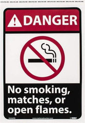 NMC - "Danger - No Smoking, Matches or Open Flames", 14" Long x 10" Wide, Pressure-Sensitive Vinyl Safety Sign - Rectangle, 0.004" Thick, Use for Accident Prevention - A1 Tooling