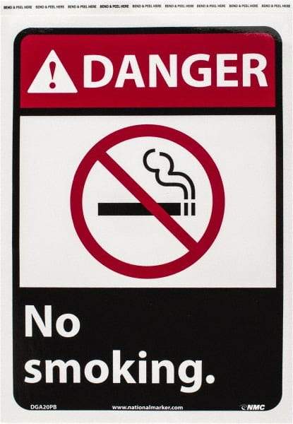 NMC - "Danger - No Smoking", 14" Long x 10" Wide, Pressure-Sensitive Vinyl Safety Sign - Rectangle, 0.004" Thick, Use for Accident Prevention - A1 Tooling