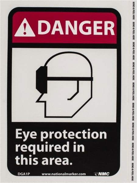 NMC - "Danger - Eye Protection Required in This Area", 10" Long x 7" Wide, Pressure-Sensitive Vinyl Safety Sign - Rectangle, 0.004" Thick, Use for Accident Prevention - A1 Tooling