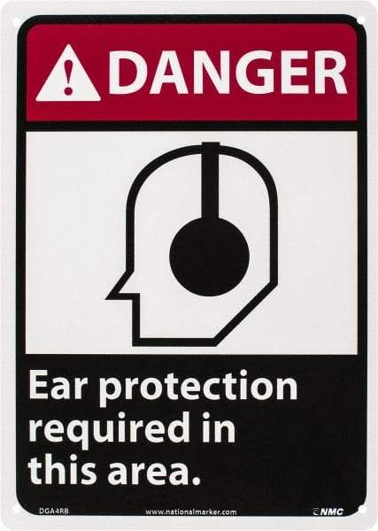 NMC - "Danger - Ear Protection Required in This Area", 14" Long x 10" Wide, Rigid Plastic Safety Sign - Rectangle, 0.05" Thick, Use for Accident Prevention - A1 Tooling