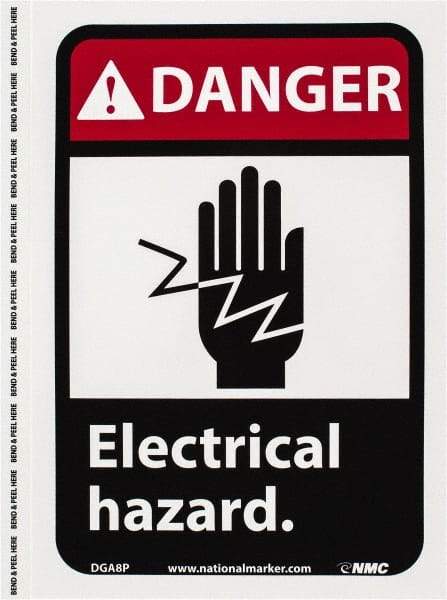 NMC - "Danger - Electrical Hazard", 10" Long x 7" Wide, Pressure-Sensitive Vinyl Safety Sign - Rectangle, 0.004" Thick, Use for Accident Prevention - A1 Tooling