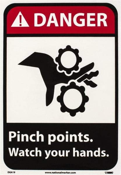 NMC - "Danger - Pinch Points - Watch Your Hands", 10" Long x 7" Wide, Pressure-Sensitive Vinyl Safety Sign - Rectangle, 0.004" Thick, Use for Accident Prevention - A1 Tooling