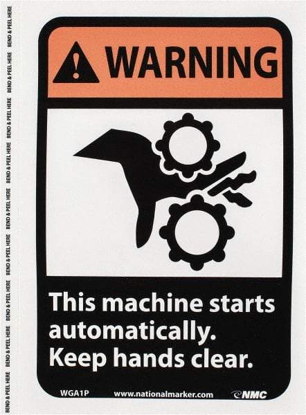 NMC - "Warning - This Machine Starts Automatically - Keep Hands Clear", 10" Long x 7" Wide, Pressure-Sensitive Vinyl Safety Sign - Rectangle, 0.004" Thick, Use for Accident Prevention - A1 Tooling