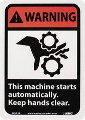 NMC - "Warning - This Machine Starts Automatically - Keep Hands Clear", 10" Long x 7" Wide, Rigid Plastic Safety Sign - Rectangle, 0.05" Thick, Use for Accident Prevention - A1 Tooling