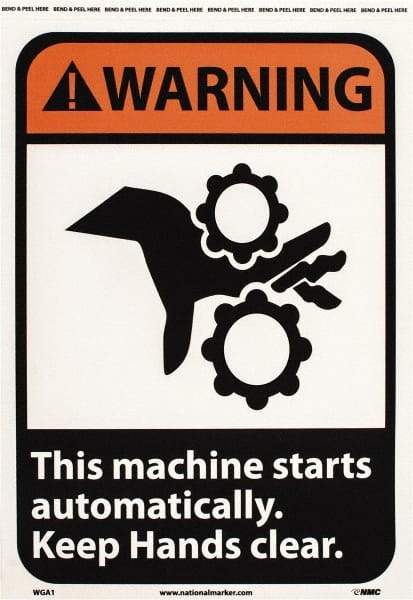 NMC - "Warning - This Machine Starts Automatically - Keep Hands Clear", 14" Long x 10" Wide, Pressure-Sensitive Vinyl Safety Sign - Rectangle, 0.004" Thick, Use for Accident Prevention - A1 Tooling