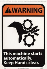 NMC - "Warning - This Machine Starts Automatically - Keep Hands Clear", 14" Long x 10" Wide, Pressure-Sensitive Vinyl Safety Sign - Rectangle, 0.004" Thick, Use for Accident Prevention - A1 Tooling