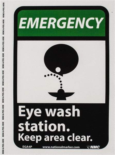 NMC - "Emergency - Eye Wash Station - Keep Area Clear", 10" Long x 7" Wide, Pressure-Sensitive Vinyl Safety Sign - Rectangle, 0.004" Thick, Use for First Aid - A1 Tooling