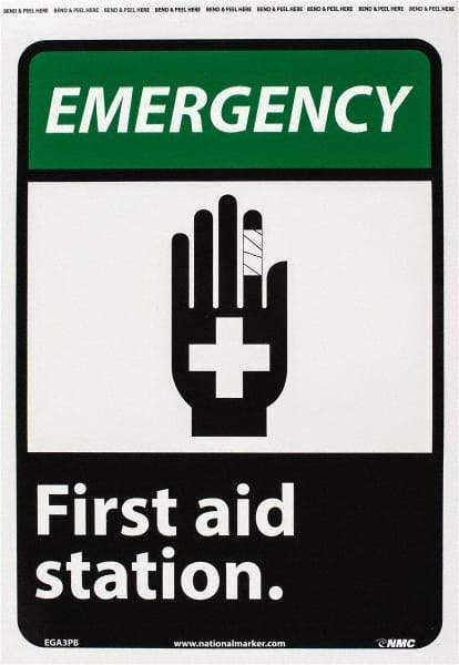 NMC - "Emergency - First Aid Station", 14" Long x 10" Wide, Pressure-Sensitive Vinyl Safety Sign - Rectangle, 0.004" Thick, Use for First Aid - A1 Tooling