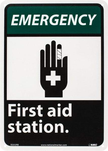 NMC - "Emergency - First Aid Station", 14" Long x 10" Wide, Rigid Plastic Safety Sign - Rectangle, 0.05" Thick, Use for First Aid - A1 Tooling