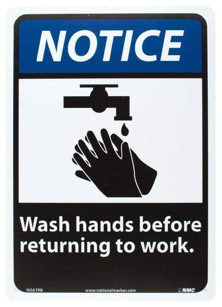 NMC - "Notice - Wash Hands Before Returning to Work", 14" Long x 10" Wide, Rigid Plastic Safety Sign - Rectangle, 0.05" Thick, Use for Restroom, Janitorial & Housekeeping - A1 Tooling