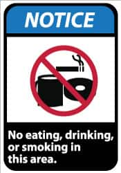 NMC - "Notice - No Eating, Drinking or Smoking in This Area", 14" Long x 10" Wide, Pressure-Sensitive Vinyl Safety Sign - Rectangle, 0.004" Thick, Use for Security & Admittance - A1 Tooling