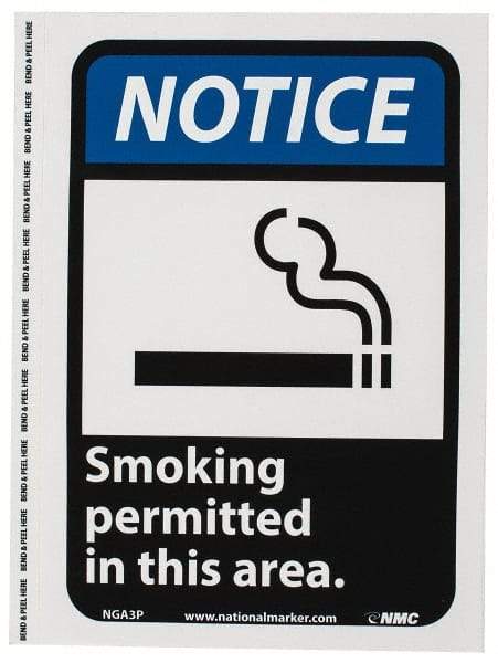 NMC - "Notice - Smoking Permitted in This Area", 10" Long x 7" Wide, Pressure-Sensitive Vinyl Safety Sign - Rectangle, 0.004" Thick, Use for Security & Admittance - A1 Tooling