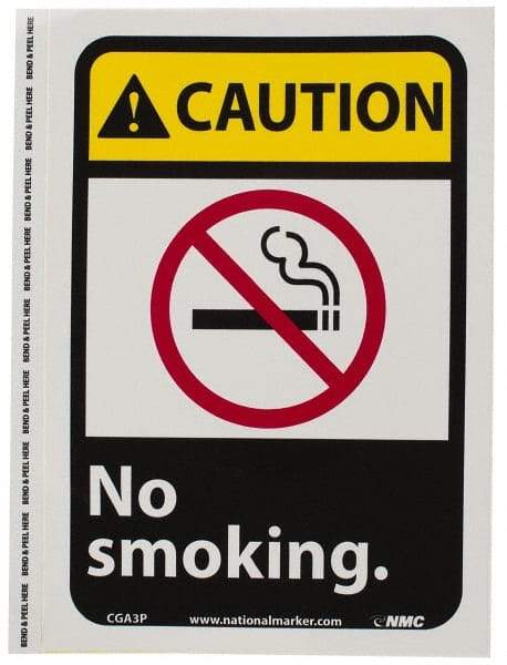 NMC - "Caution - No Smoking", 10" Long x 7" Wide, Pressure-Sensitive Vinyl Safety Sign - Rectangle, 0.004" Thick, Use for Accident Prevention - A1 Tooling