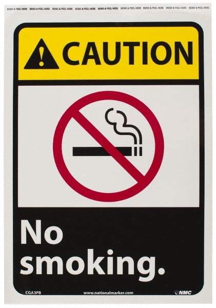 NMC - "Caution - No Smoking", 14" Long x 10" Wide, Pressure-Sensitive Vinyl Safety Sign - Rectangle, 0.004" Thick, Use for Accident Prevention - A1 Tooling