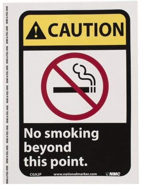 NMC - "Caution - No Smoking Beyond This Point", 10" Long x 7" Wide, Pressure-Sensitive Vinyl Safety Sign - Rectangle, 0.004" Thick, Use for Accident Prevention - A1 Tooling