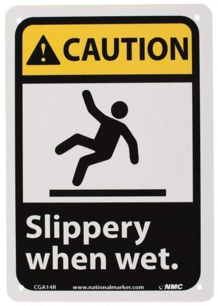 NMC - "Caution - Slippery When Wet", 10" Long x 7" Wide, Rigid Plastic Safety Sign - Rectangle, 0.05" Thick, Use for Accident Prevention - A1 Tooling