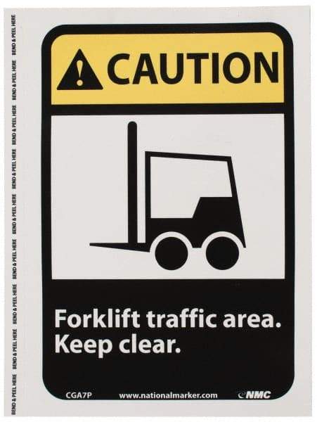 NMC - "Caution - Forklift Traffic Area - Keep Clear", 10" Long x 7" Wide, Pressure-Sensitive Vinyl Safety Sign - Rectangle, 0.004" Thick, Use for Accident Prevention - A1 Tooling