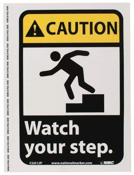 NMC - "Caution - Watch Your Step", 10" Long x 7" Wide, Pressure-Sensitive Vinyl Safety Sign - Rectangle, 0.004" Thick, Use for Accident Prevention - A1 Tooling