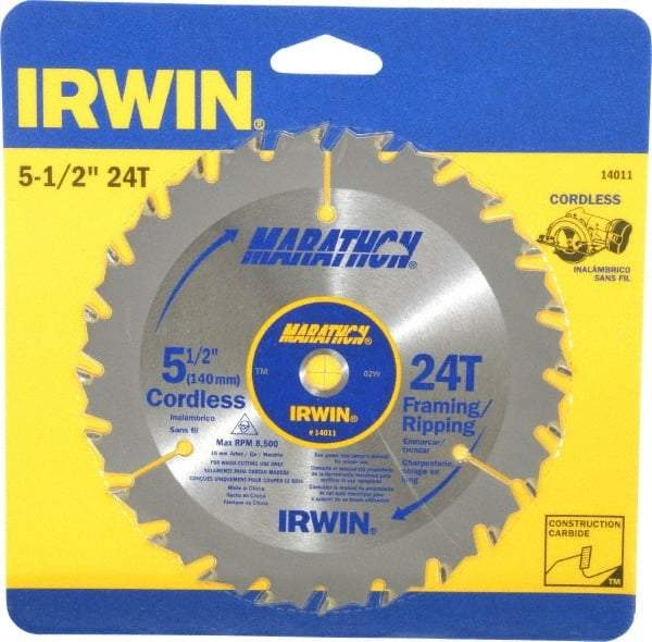 Irwin - 5-1/2" Diam, 10mm Arbor Hole Diam, 24 Tooth Wet & Dry Cut Saw Blade - Carbide-Tipped, Framing & Ripping Action, Standard Round Arbor - A1 Tooling