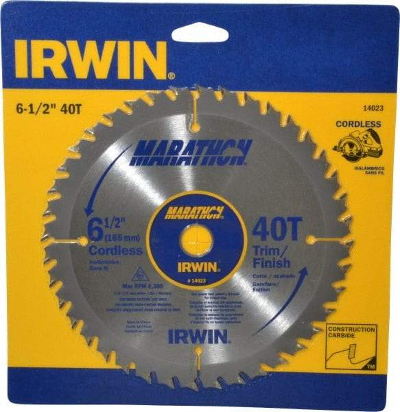 Irwin - 6-1/2" Diam, 5/8" Arbor Hole Diam, 40 Tooth Wet & Dry Cut Saw Blade - Carbide-Tipped, Trimming Action, Standard Round Arbor - A1 Tooling