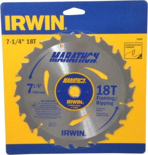 Irwin - 7-1/4" Diam, 5/8" Arbor Hole Diam, 18 Tooth Wet & Dry Cut Saw Blade - Carbide-Tipped, Framing & Ripping Action, Diamond Arbor - A1 Tooling