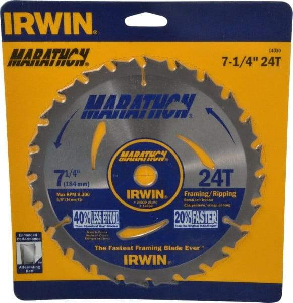 Irwin - 7-1/4" Diam, 5/8" Arbor Hole Diam, 24 Tooth Wet & Dry Cut Saw Blade - Carbide-Tipped, Framing & Ripping Action, Diamond Arbor - A1 Tooling