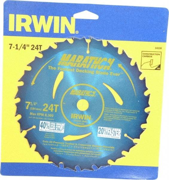 Irwin - 7-1/4" Diam, 5/8" Arbor Hole Diam, 24 Tooth Wet & Dry Cut Saw Blade - Carbide-Tipped, General Purpose Action, Diamond Arbor - A1 Tooling