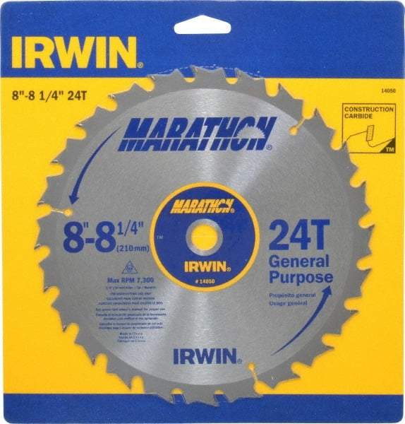 Irwin - 8-1/4" Diam, 5/8" Arbor Hole Diam, 24 Tooth Wet & Dry Cut Saw Blade - Carbide-Tipped, General Purpose Action, Diamond Arbor - A1 Tooling