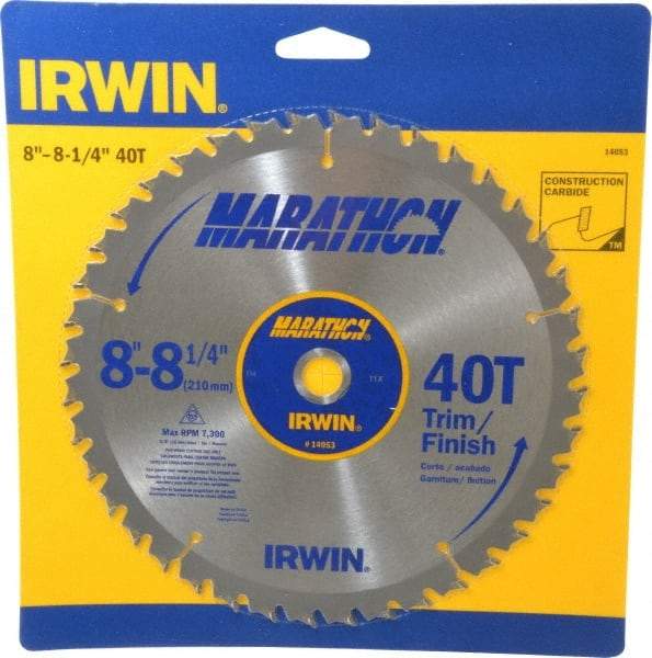 Irwin - 8-1/4" Diam, 5/8" Arbor Hole Diam, 40 Tooth Wet & Dry Cut Saw Blade - Carbide-Tipped, Finishing & Trimming Action, Diamond Arbor - A1 Tooling