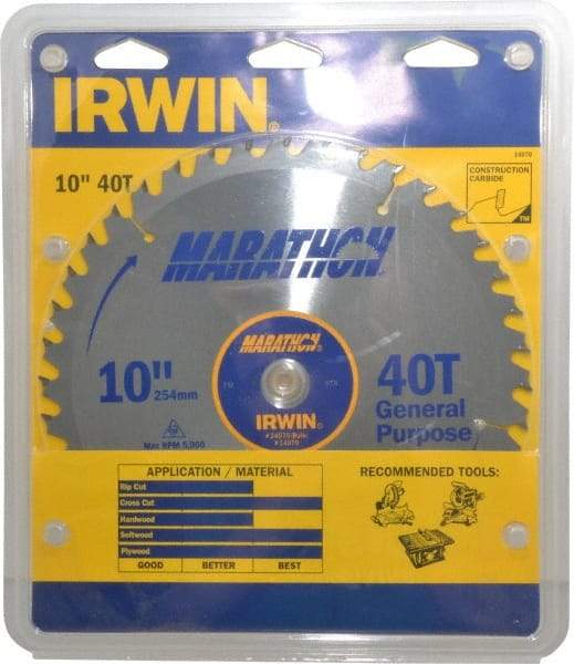 Irwin - 10" Diam, 5/8" Arbor Hole Diam, 40 Tooth Wet & Dry Cut Saw Blade - Carbide-Tipped, General Purpose Action, Standard Round Arbor - A1 Tooling