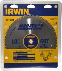 Irwin - 10" Diam, 5/8" Arbor Hole Diam, 60 Tooth Wet & Dry Cut Saw Blade - Carbide-Tipped, Finishing & Trimming Action, Standard Round Arbor - A1 Tooling