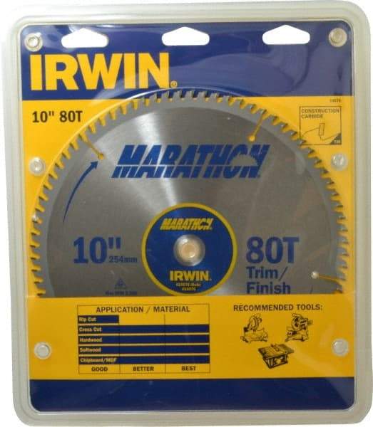 Irwin - 10" Diam, 5/8" Arbor Hole Diam, 80 Tooth Wet & Dry Cut Saw Blade - Carbide-Tipped, Finishing & Trimming Action, Standard Round Arbor - A1 Tooling