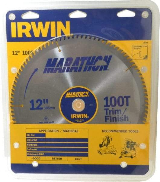 Irwin - 12" Diam, 1" Arbor Hole Diam, 100 Tooth Wet & Dry Cut Saw Blade - Carbide-Tipped, Finishing & Trimming Action, Standard Round Arbor - A1 Tooling