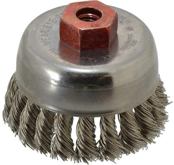 Anderson - 2-3/4" Diam, M10x1.50 Threaded Arbor, Stainless Steel Fill Cup Brush - 0.02 Wire Diam, 3/4" Trim Length, 14,000 Max RPM - A1 Tooling