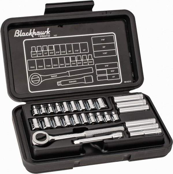 Blackhawk by Proto - 27 Piece 1/4" Drive Deep Well Socket Set - 6, 12 Points, 3/16" to 1/2" (4mm to 13mm) Range, Inch/Metric Measurement Standard - A1 Tooling