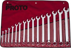 Proto - 15 Piece, 5/16" to 1-1/4", 12 Point Combination Wrench Set - Inch Measurement Standard, Full Polish Finish, Comes in Vinyl Roll - A1 Tooling